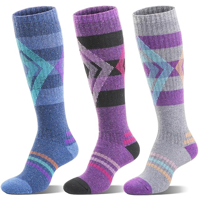 Calcetines de esquí de merino Welwoos azules, morados y grises, tres pares